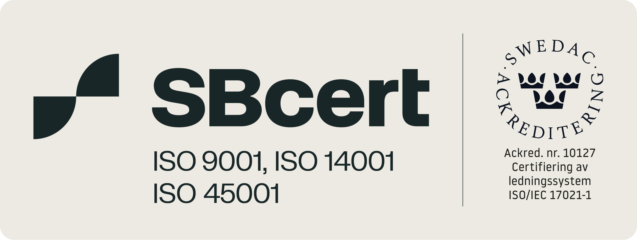 Scandinavian business certification, ISO 9001, ISO 14001, ISO 45001 från Swedac